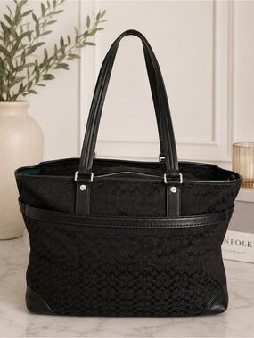 Coach Signature Jacquard weekender Bag Tote Black Leather Trim diaper bag